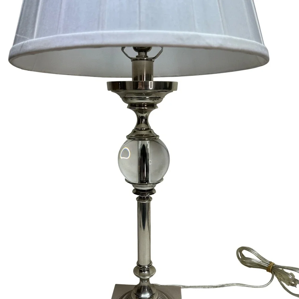 Restoration Hardware Polished Nickel Crystal Ball Orb Table Lamp w Pleated Shade